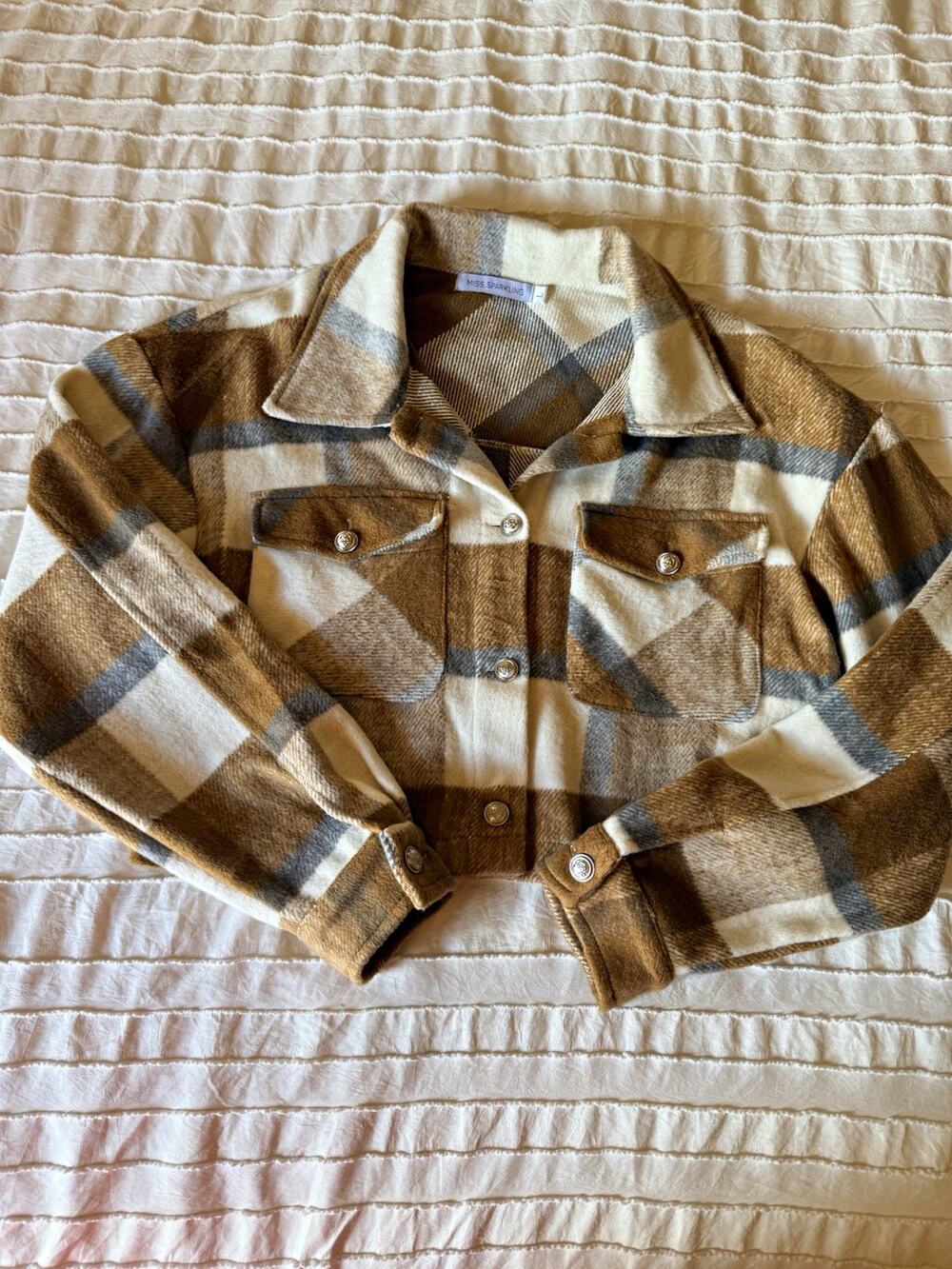 Miss Sparkling Womens Plaid Collared Button Front Jacket Pockets Brown L